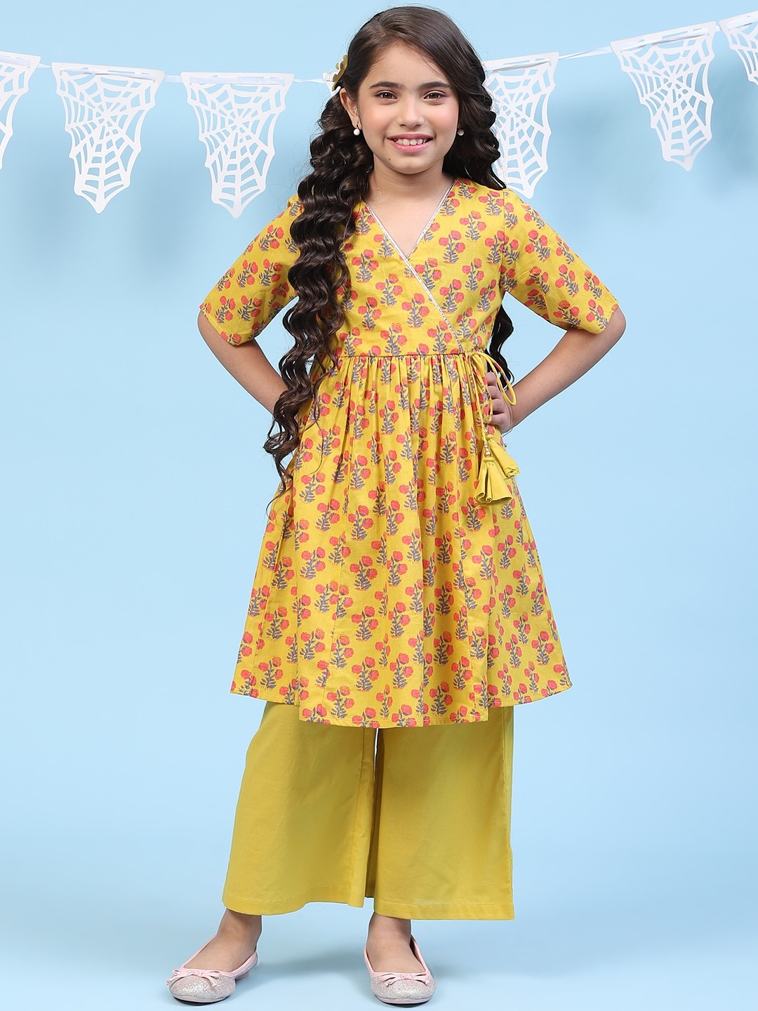 

Biba Girls Ethnic Motifs Printed Angrakha Gotta Patti Kurta with Palazzos, Yellow