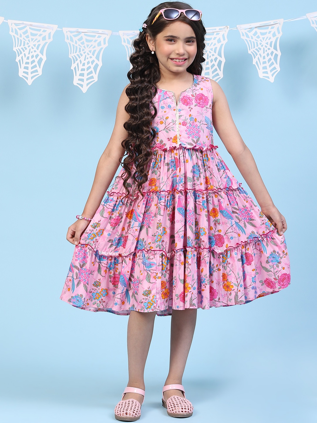 

Biba Girls Floral Printed Tiered A-Line Midi Ethnic Dress, Pink