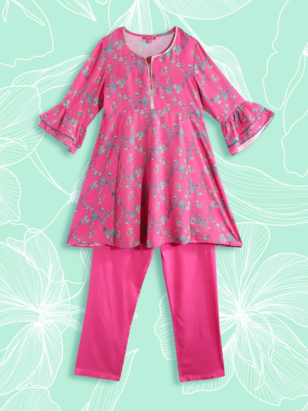 

Biba Girls Pink & Green Floral Printed Kurta with Trousers