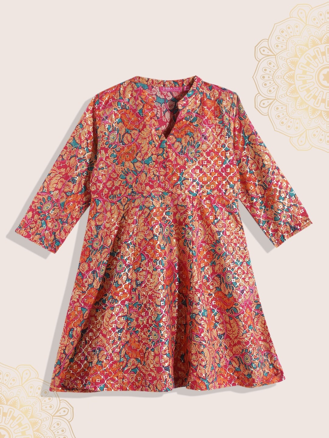 

Biba Girls Pink & Orange Ethnic Motifs Printed Pure Cotton Kurta