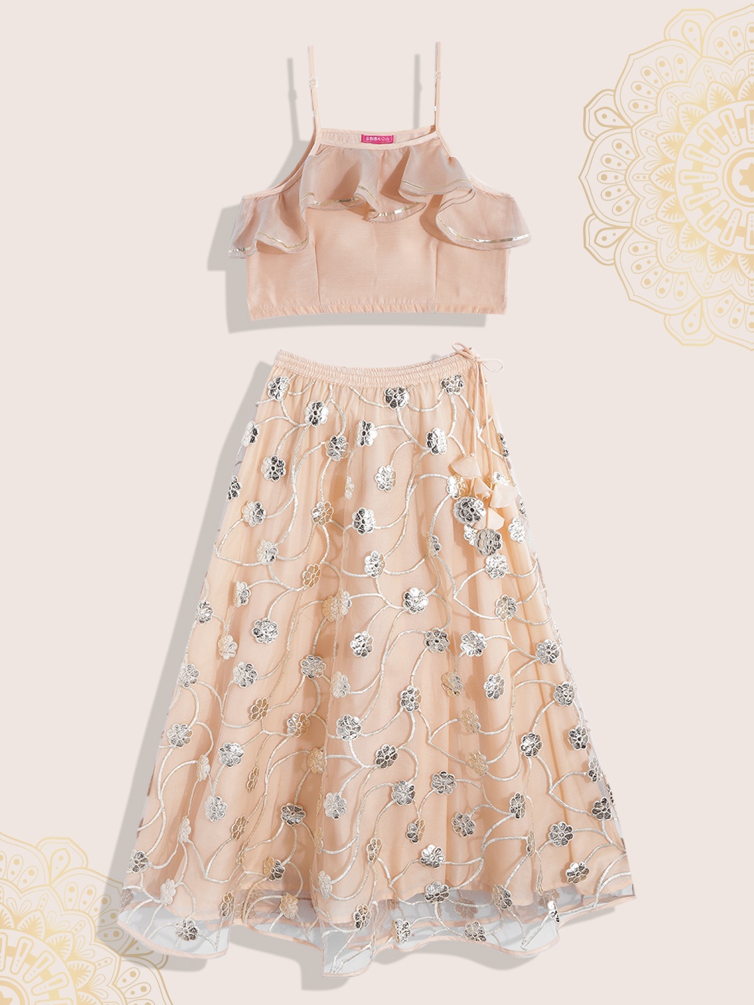 

Biba Girls Peach-Coloured & Gold Floral Embroidered Ready to Wear Lehenga & Choli