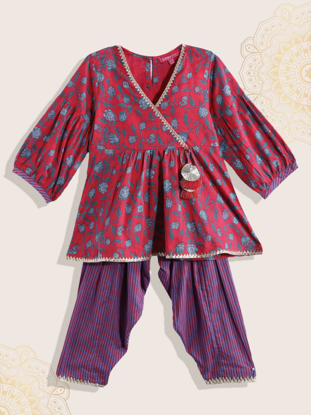 

Biba Girls Magenta & Purple Floral Printed Angrakha Pure Cotton Kurta with Salwar