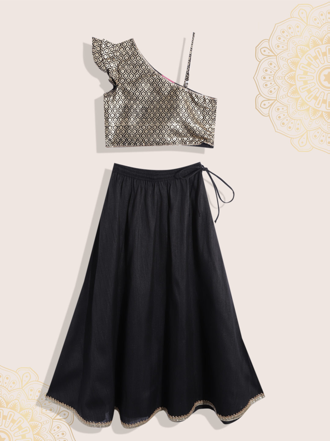 

Biba Girls Black & Gold-Toned Printed Ready to Wear Lehenga & Blouse