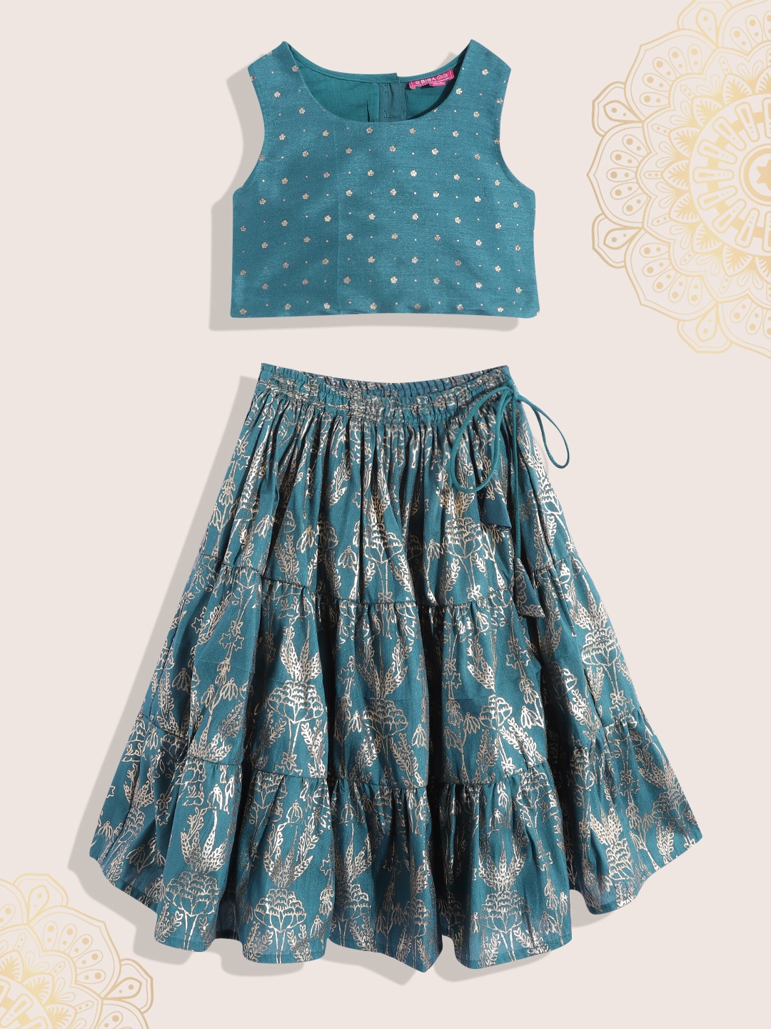 

Biba Girls Green & Gold-Toned Ethnic Printed Ready to Wear Lehenga & Blouse