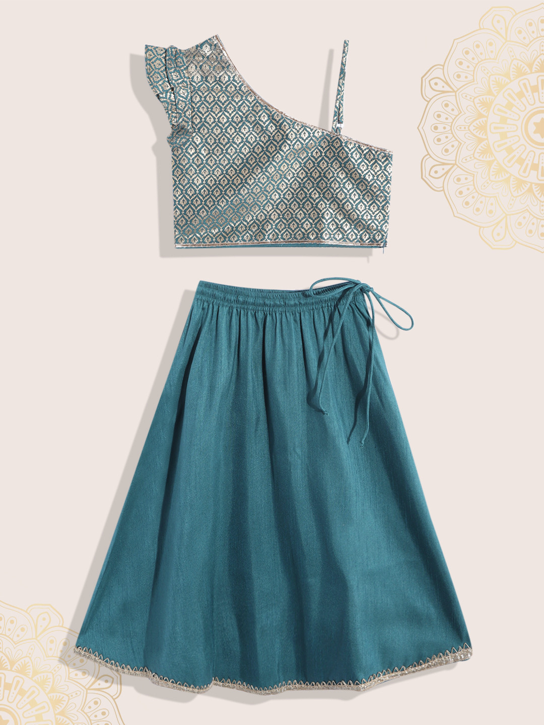 

Biba Girls Teal & Gold-Toned Printed Ready to Wear Lehenga & Blouse