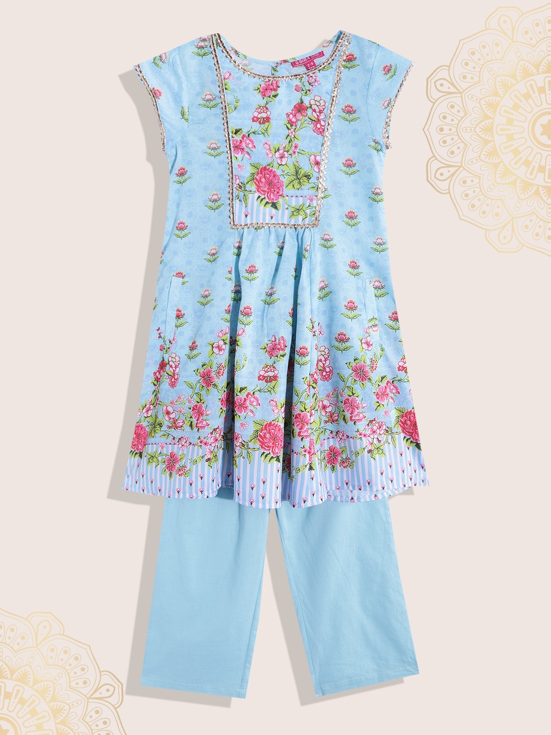 

Biba Girls Blue & Pink Floral Print Gotta Patti Kurta with Trousers