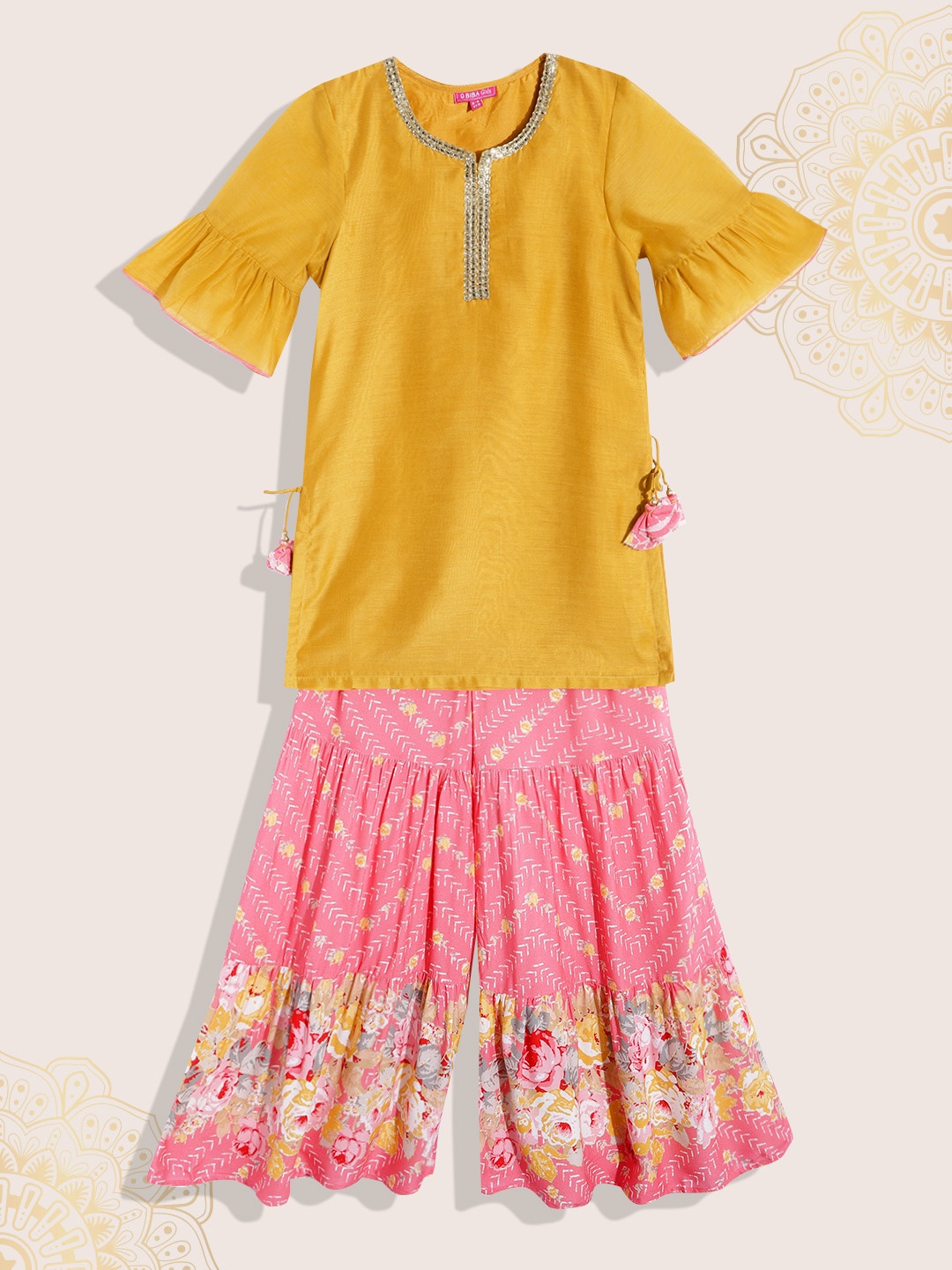 

Biba Girls Mustard Yellow & Pink Solid Gotta Patti Detail Kurta with Sharara