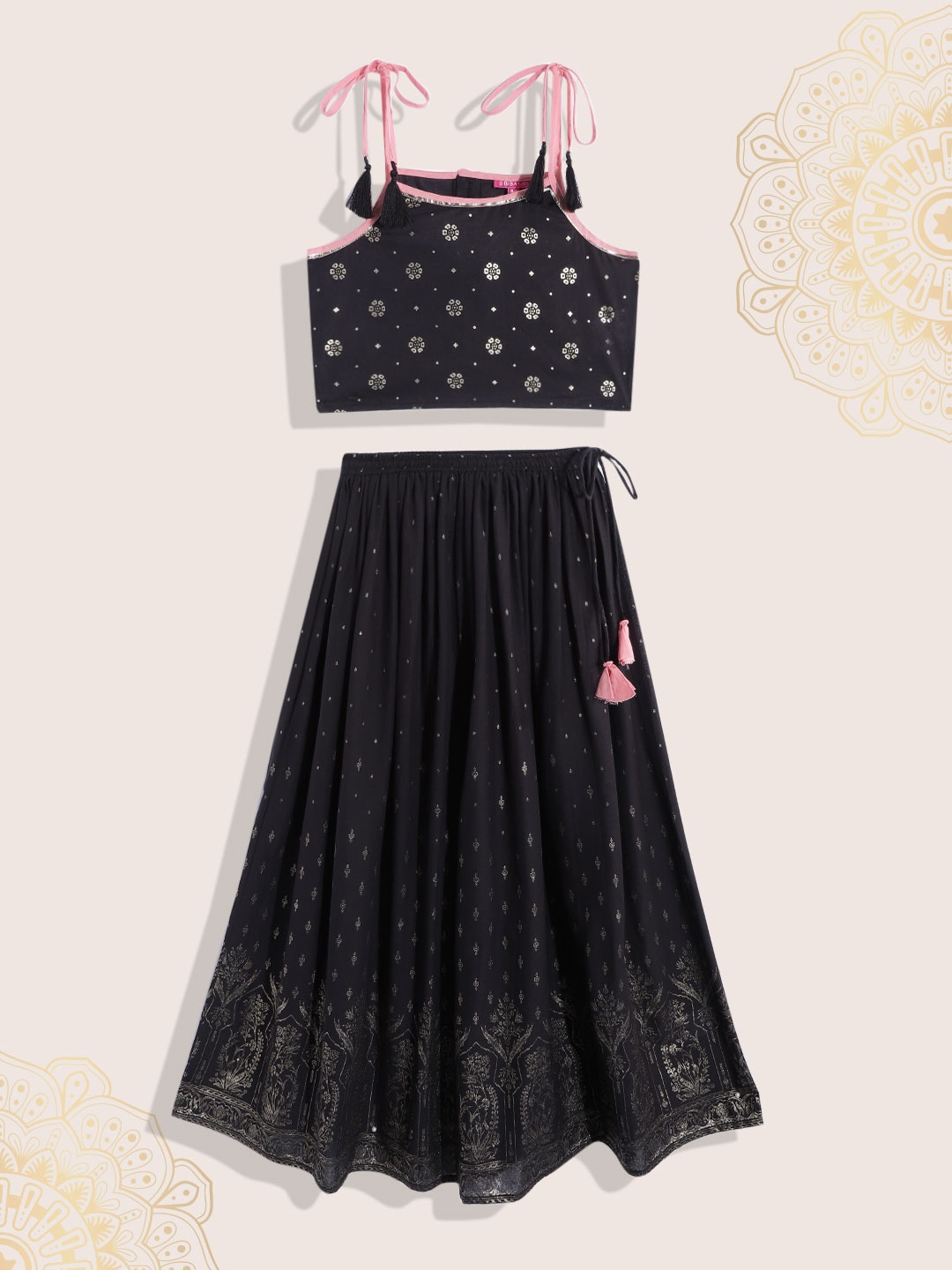 

Biba Girls Black & Gold Ethnic Motifs Printed Ready to Wear Cotton Lehenga & Choli