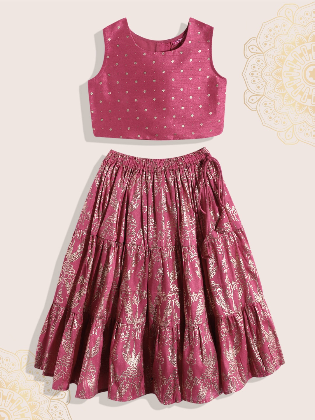 

Biba Girls Pink & Gold-Toned Printed Ready to Wear Lehenga & Blouse