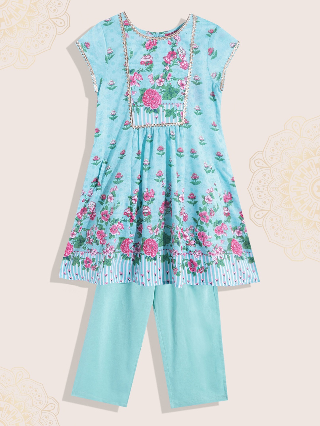 

Biba Girls Turquoise Blue Floral Printed Kurta with Trousers