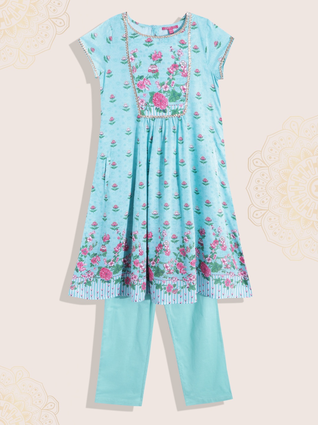 

Biba Girls Turquoise Blue Floral Printed Kurta with Trousers