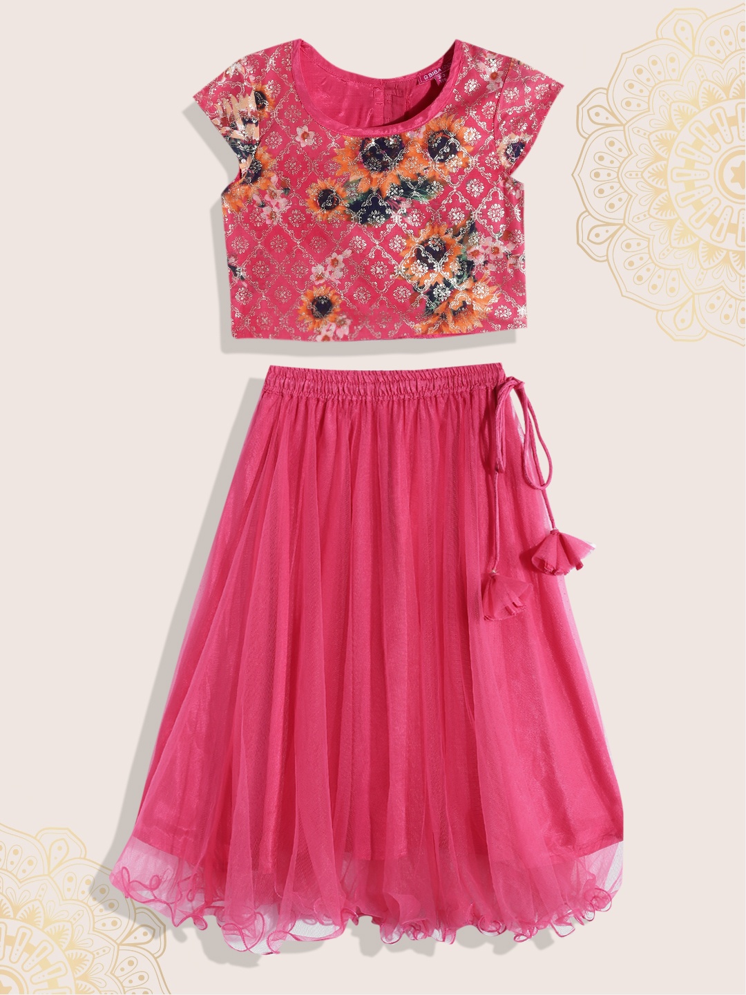 

Biba Girls Pink & Gold-Toned Printed Ready to Wear Lehenga & Blouse