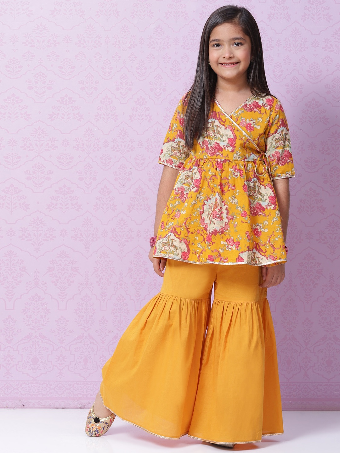 

Biba Girls Yellow Floral Printed Angrakha Gotta Patti Kurta with Sharara