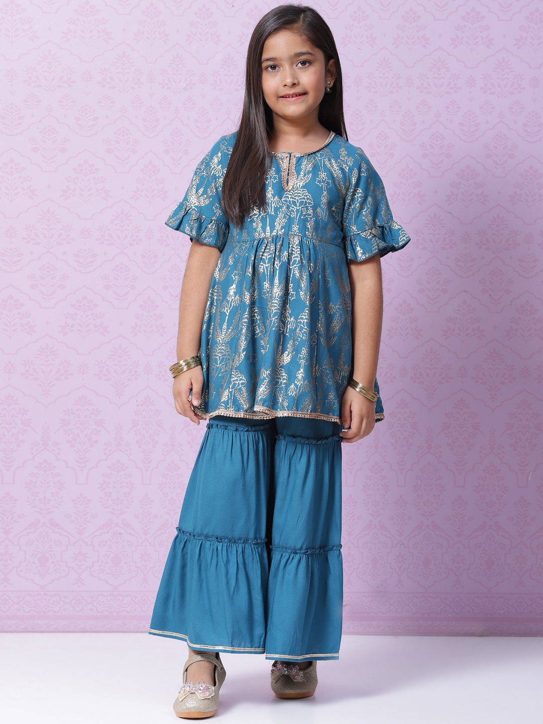 

Biba Girls Blue & Gold-Toned Ethnic Motifs Printed Gotta Patti Kurta with Sharara