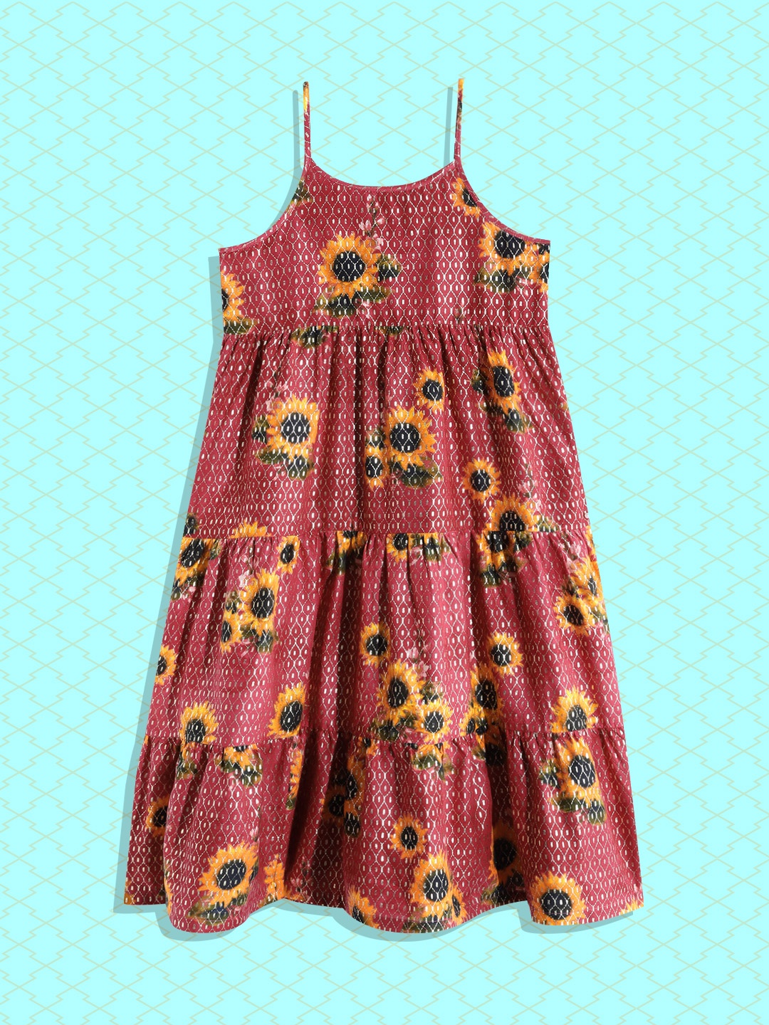 

Biba Girls Pink & Golden Floral Print Tiered Pure Cotton Anarkali Kurta