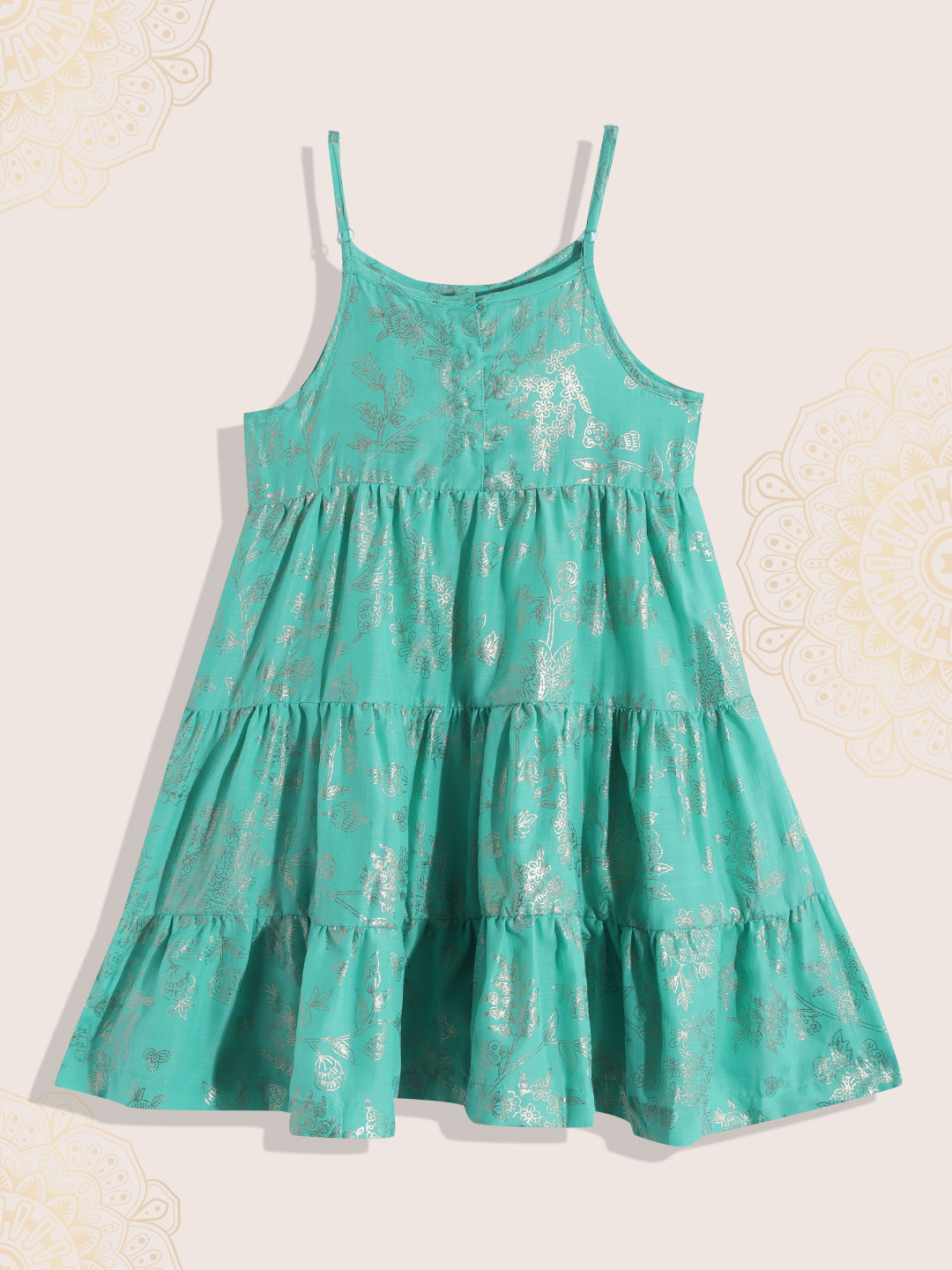 

Biba Girls Sea Green & Golden Floral Print Tiered Anarkali Kurta