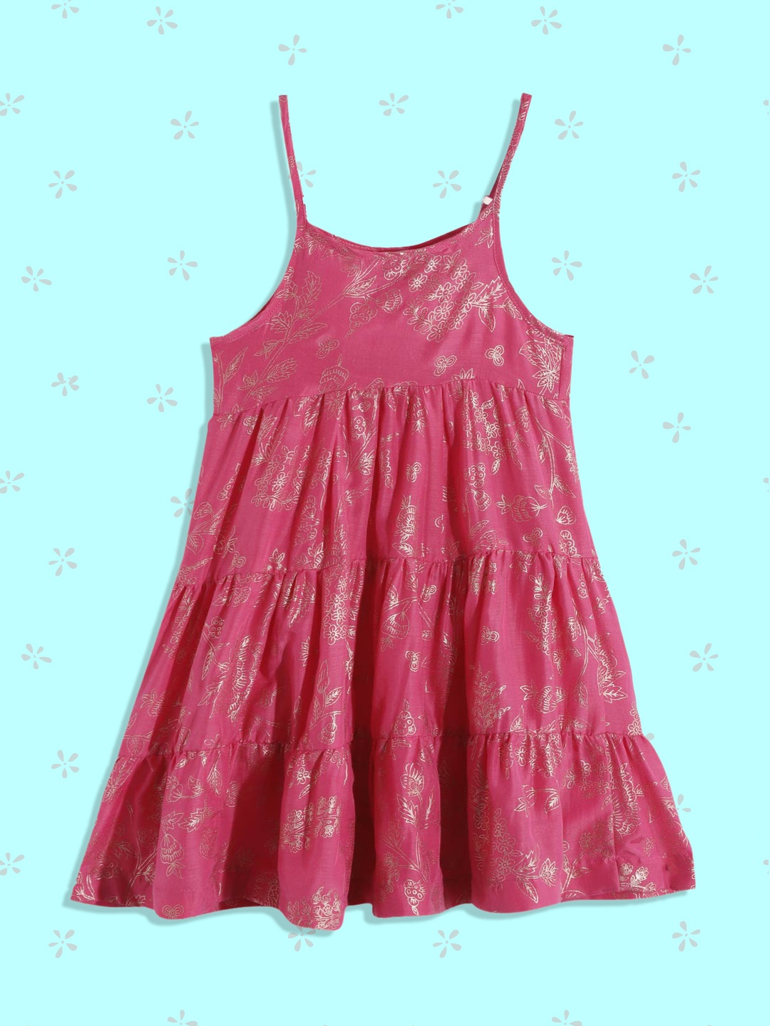 

Biba Girls Pink & Golden Floral Print Tiered Anarkali Kurta