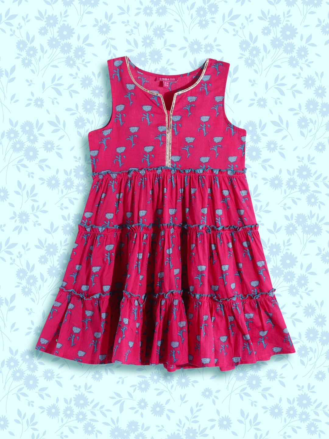 

Biba Girls Fuchsia Pink & Blue Floral Print Tiered Pure Cotton Anarkali Kurta