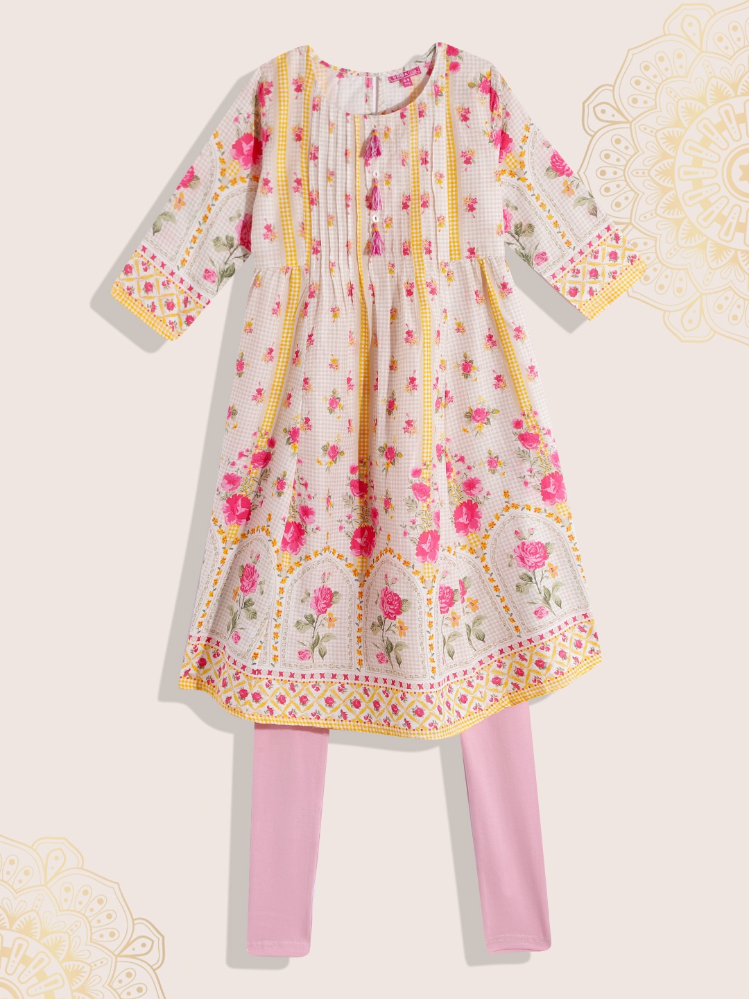 

Biba Girls Off White & Pink Floral Print Kurta and Leggings