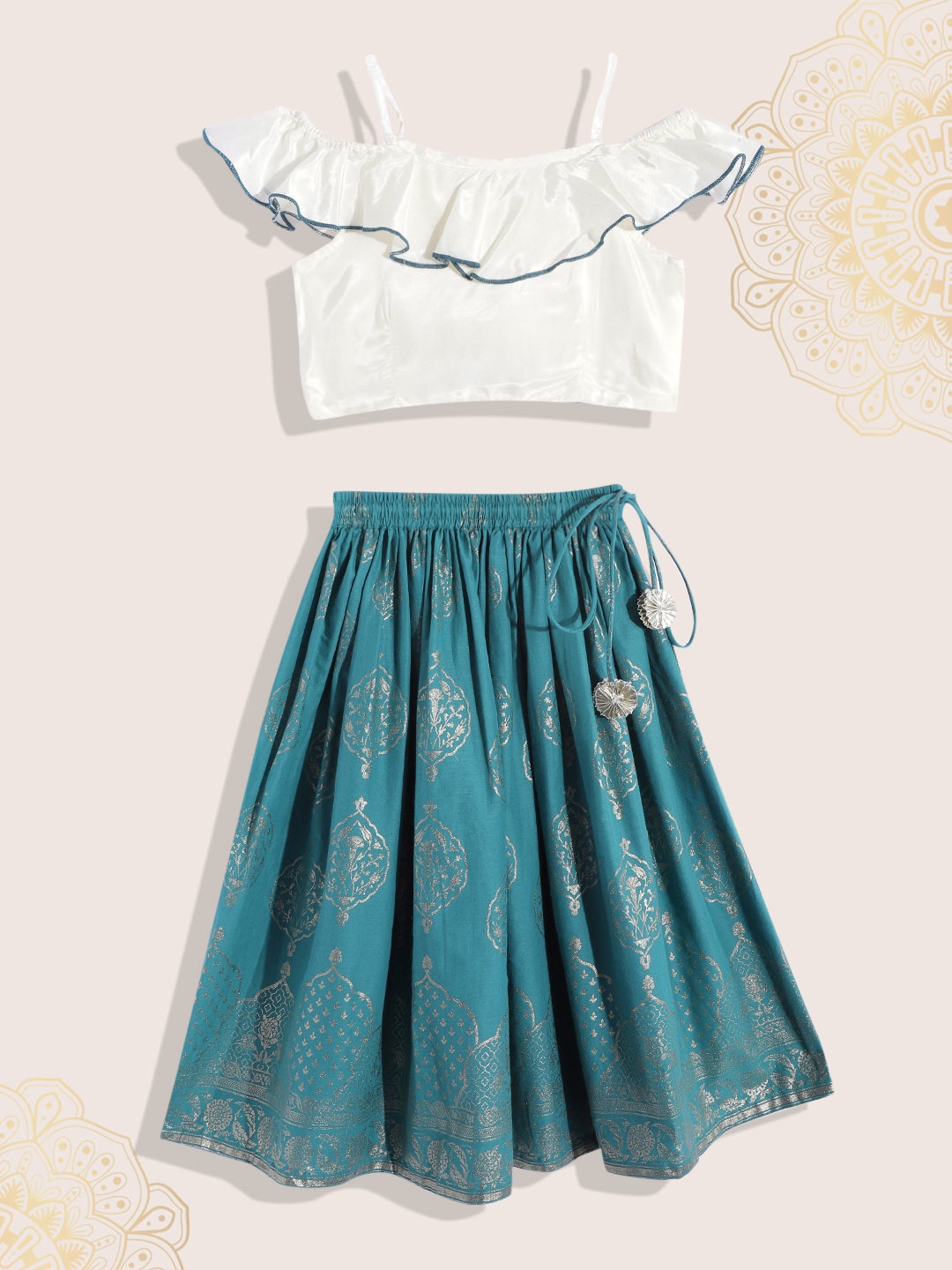 

Biba Girls Teal Blue & White Ethnic Print Ready to Wear Lehenga & Blouse
