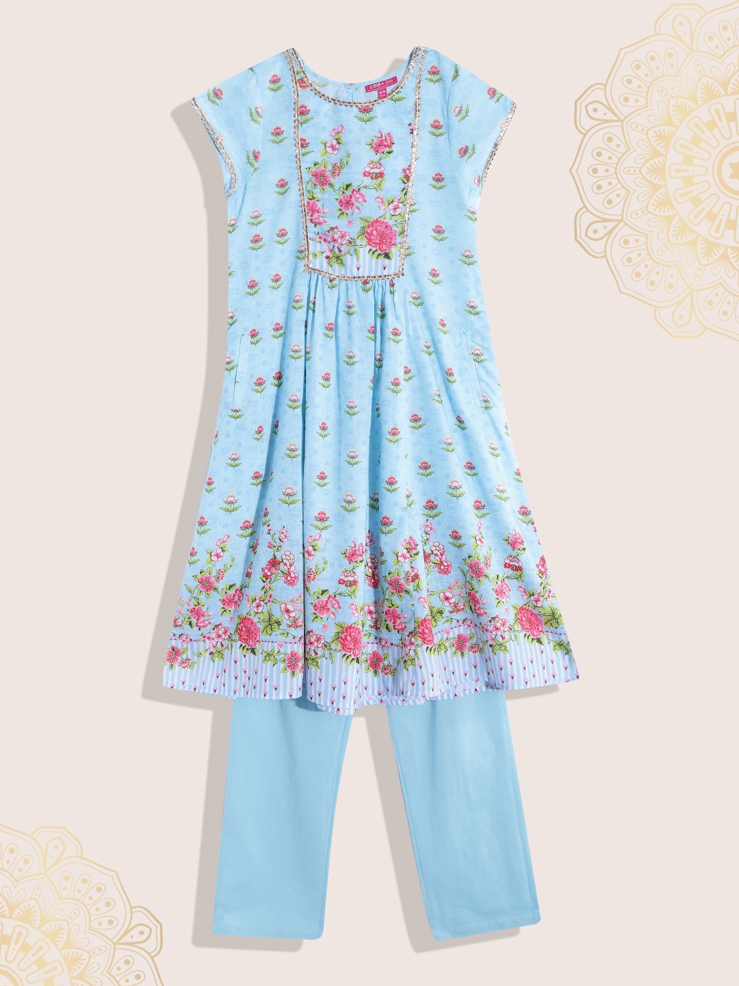 

Biba Girls Blue & Pink Floral Print Gotta Patti Kurta with Trousers