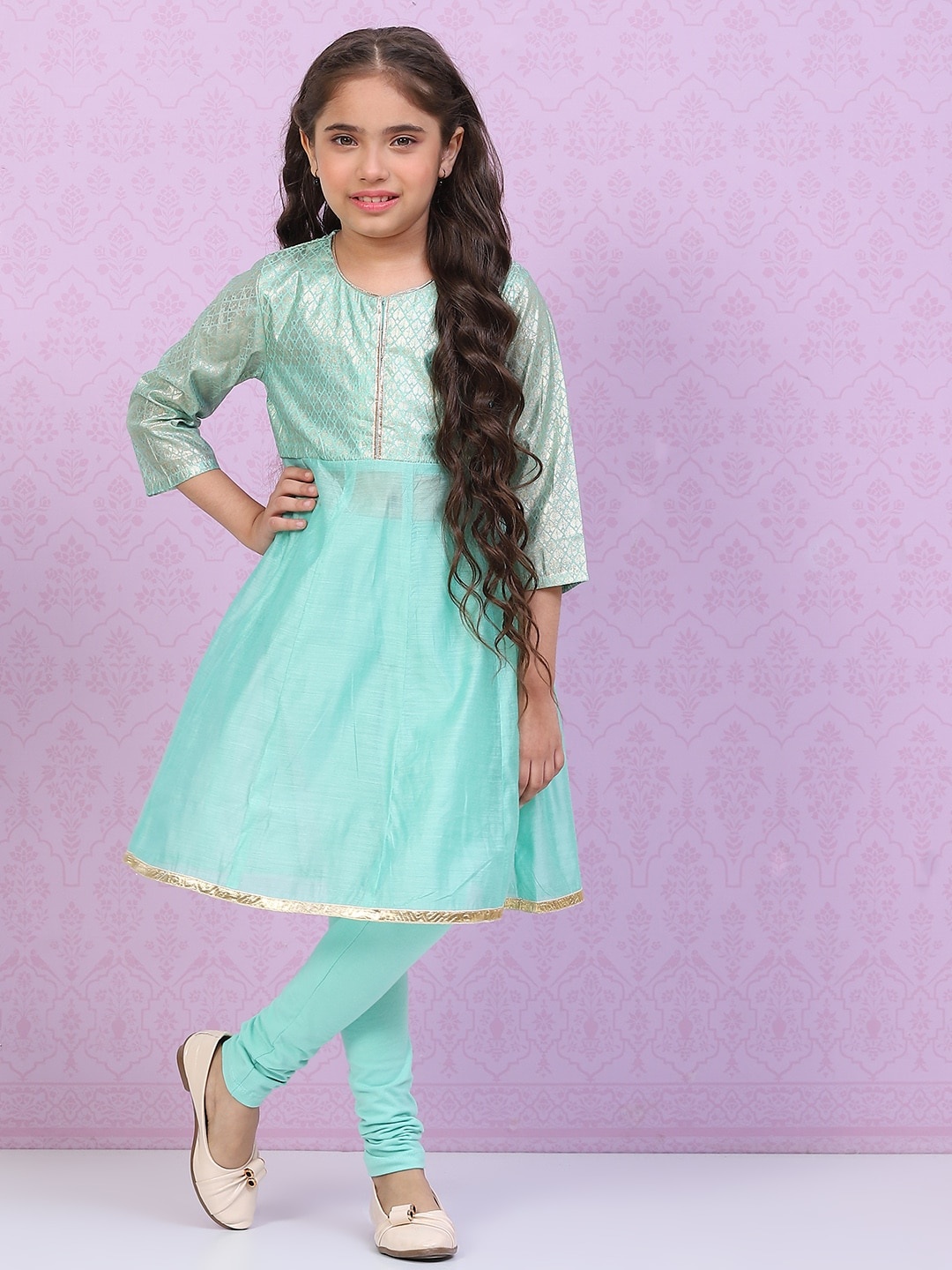 

Biba Girls Ethnic Motifs Printed Gotta Patti Kurta with Churidar, Turquoise blue