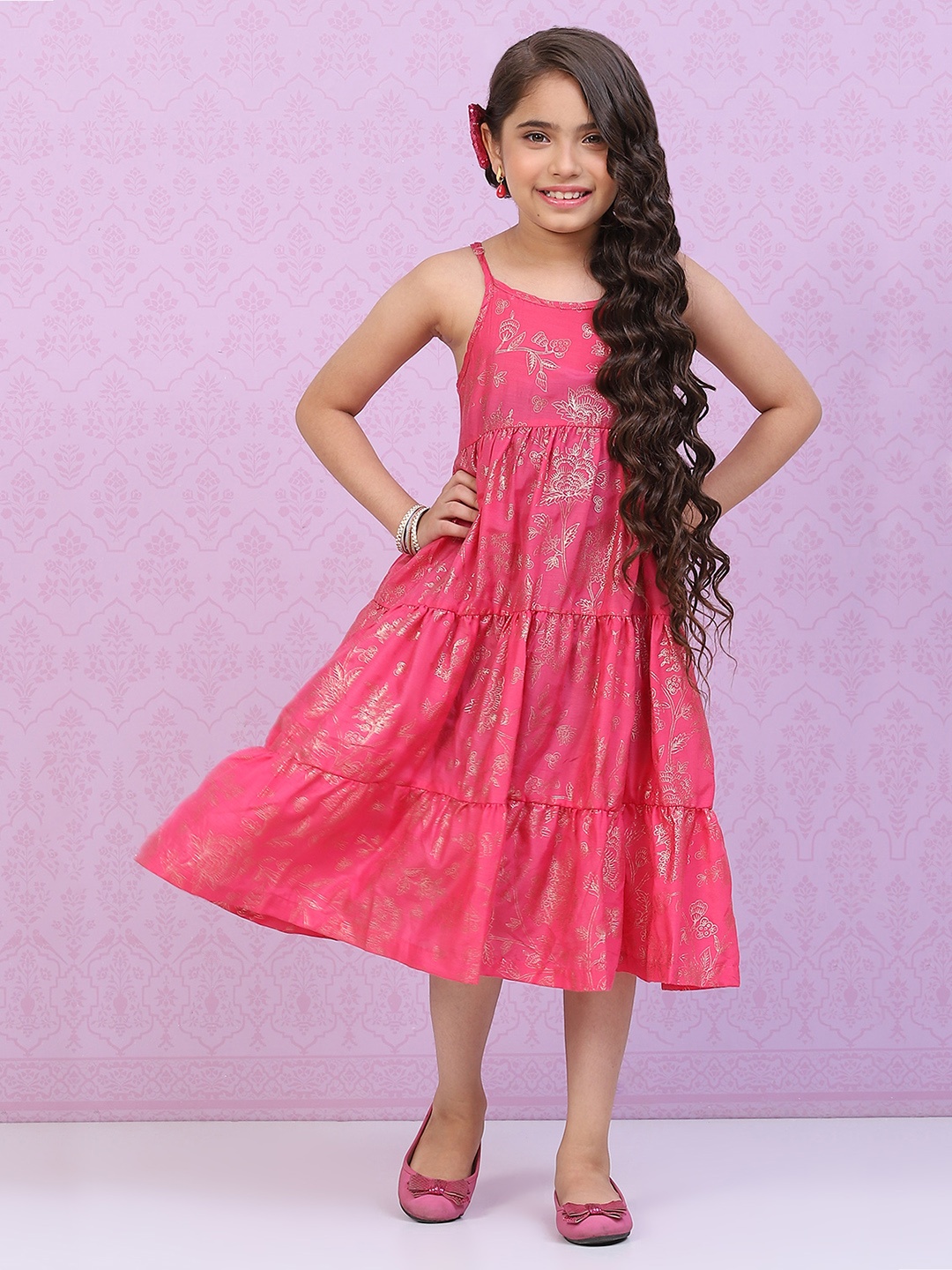 

Biba Girls Ethnic Motifs Printed Tiered A-Line Midi Ethnic Dress, Pink