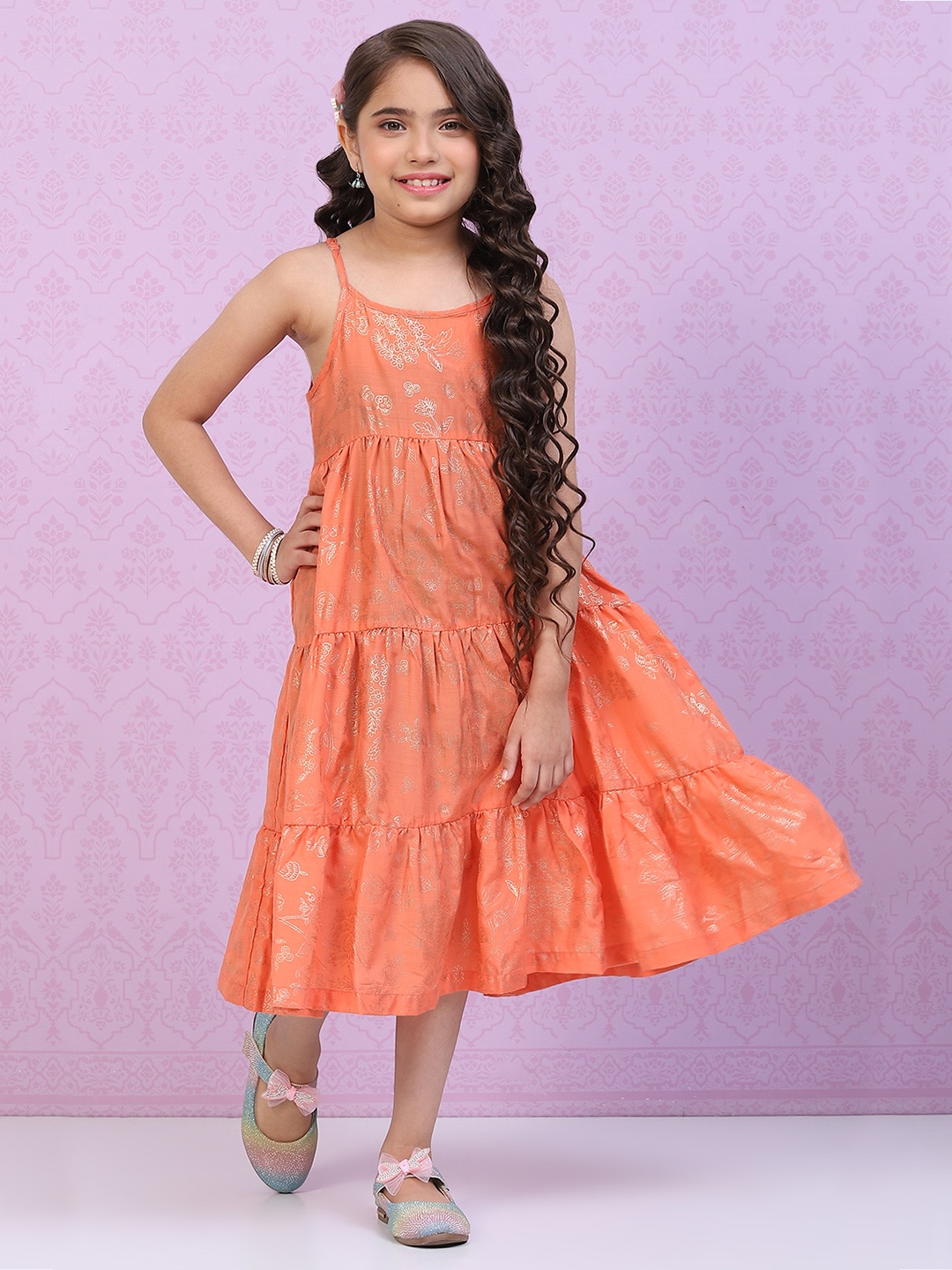 

Biba Girls Ethnic Motifs Printed Tiered A-Line Midi Ethnic Dress, Orange