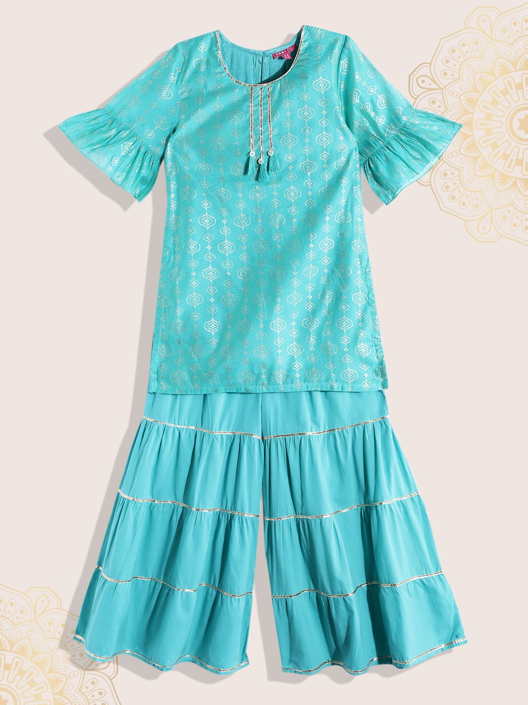 

Biba Girls Blue Ethnic Motifs Printed Gotta Patti Pure Cotton Kurta with Sharara