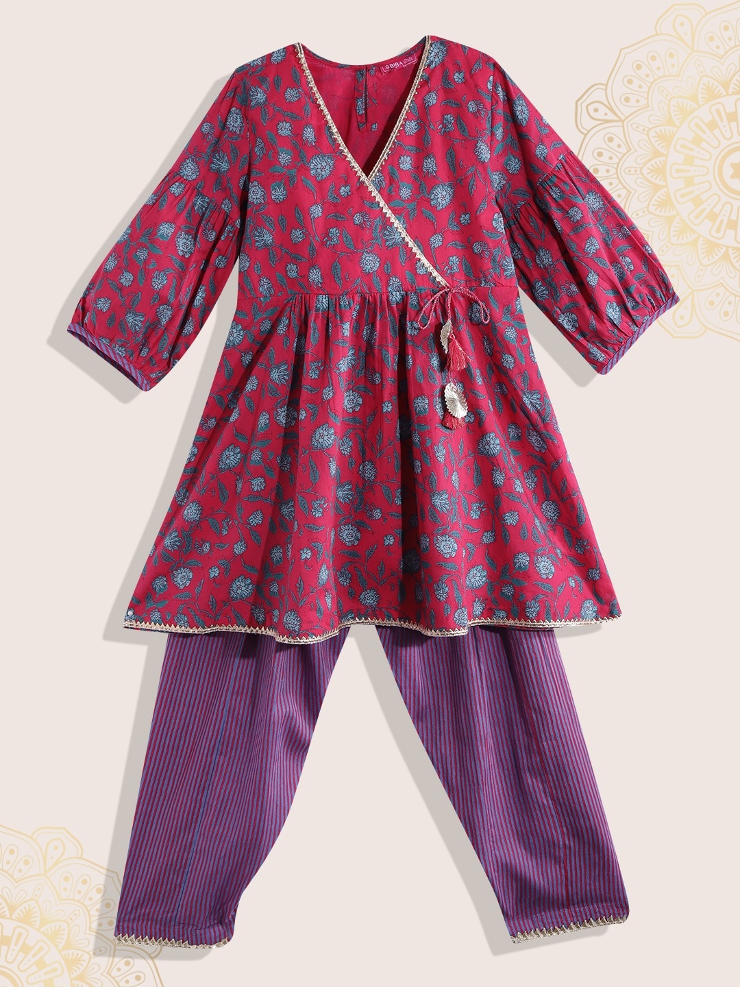 

Biba Girls Pink Floral Printed Angrakha Pure Cotton Kurta with Salwar