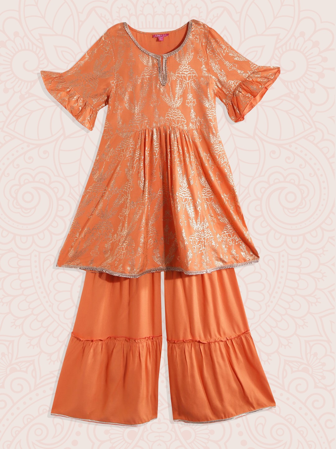 

Biba Girls Orange & Gold-Toned Ethnic Motifs Printed Gotta Patti Kurta with Sharara
