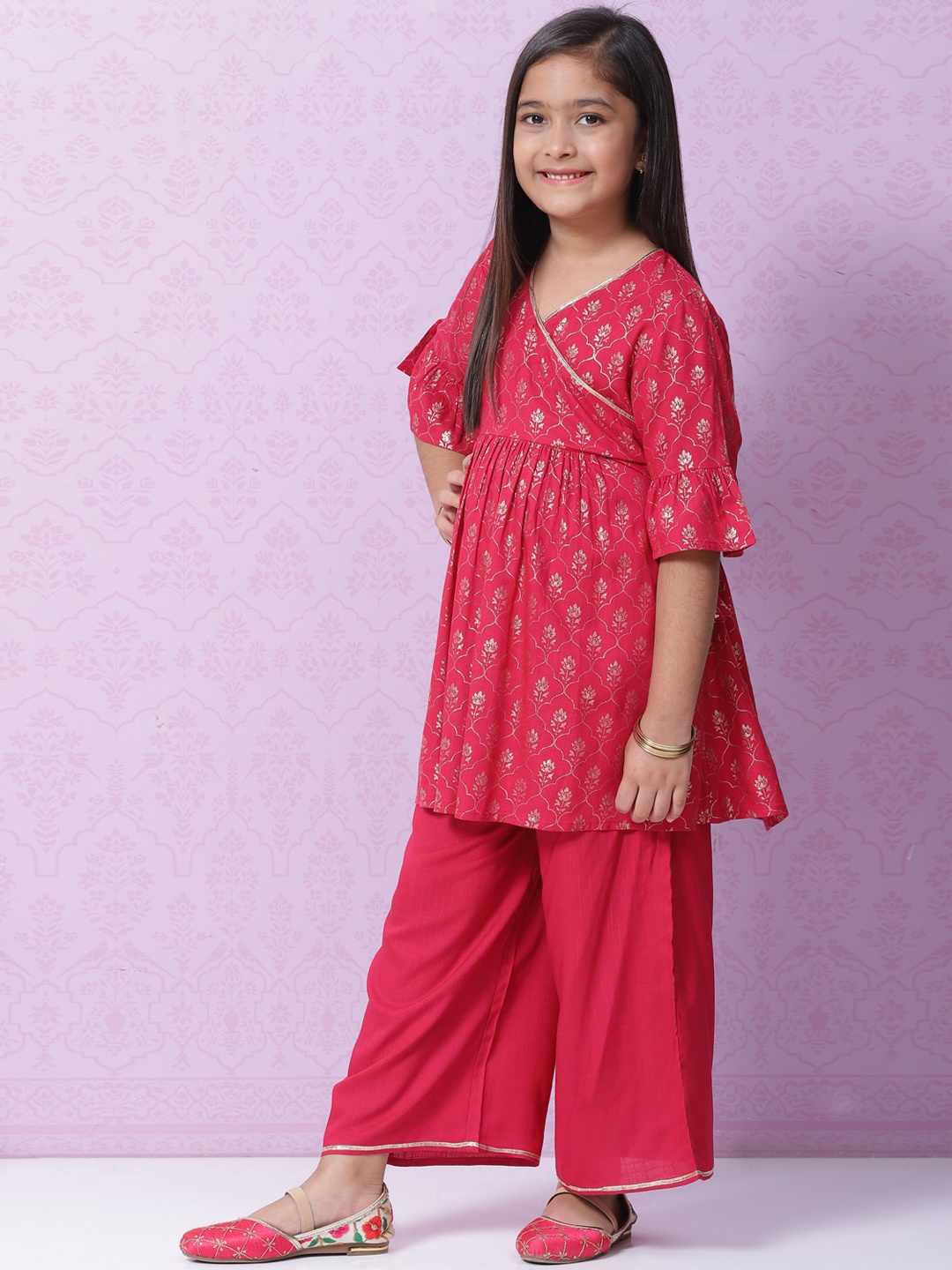 

Biba Girls Pink & Gold Ethnic Motifs Printed Angrakha Kurta with Palazzos