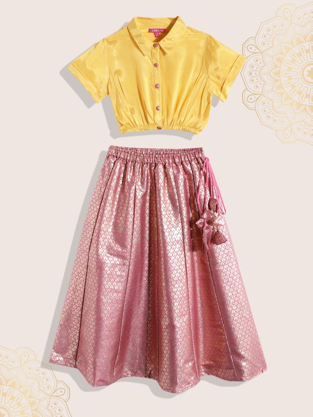 

Biba Girls Pink & Gold Ethnic Motifs Print Ready to Wear Fusion Lehenga & Choli