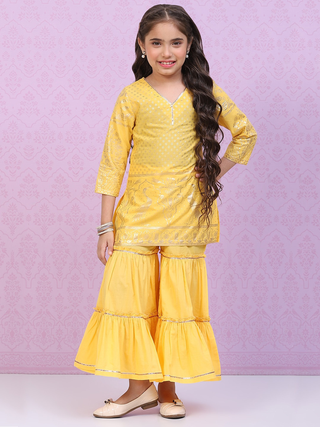 

Biba Girls Ethnic Motifs Printed Gotta Patti Kurti with Sharara, Yellow