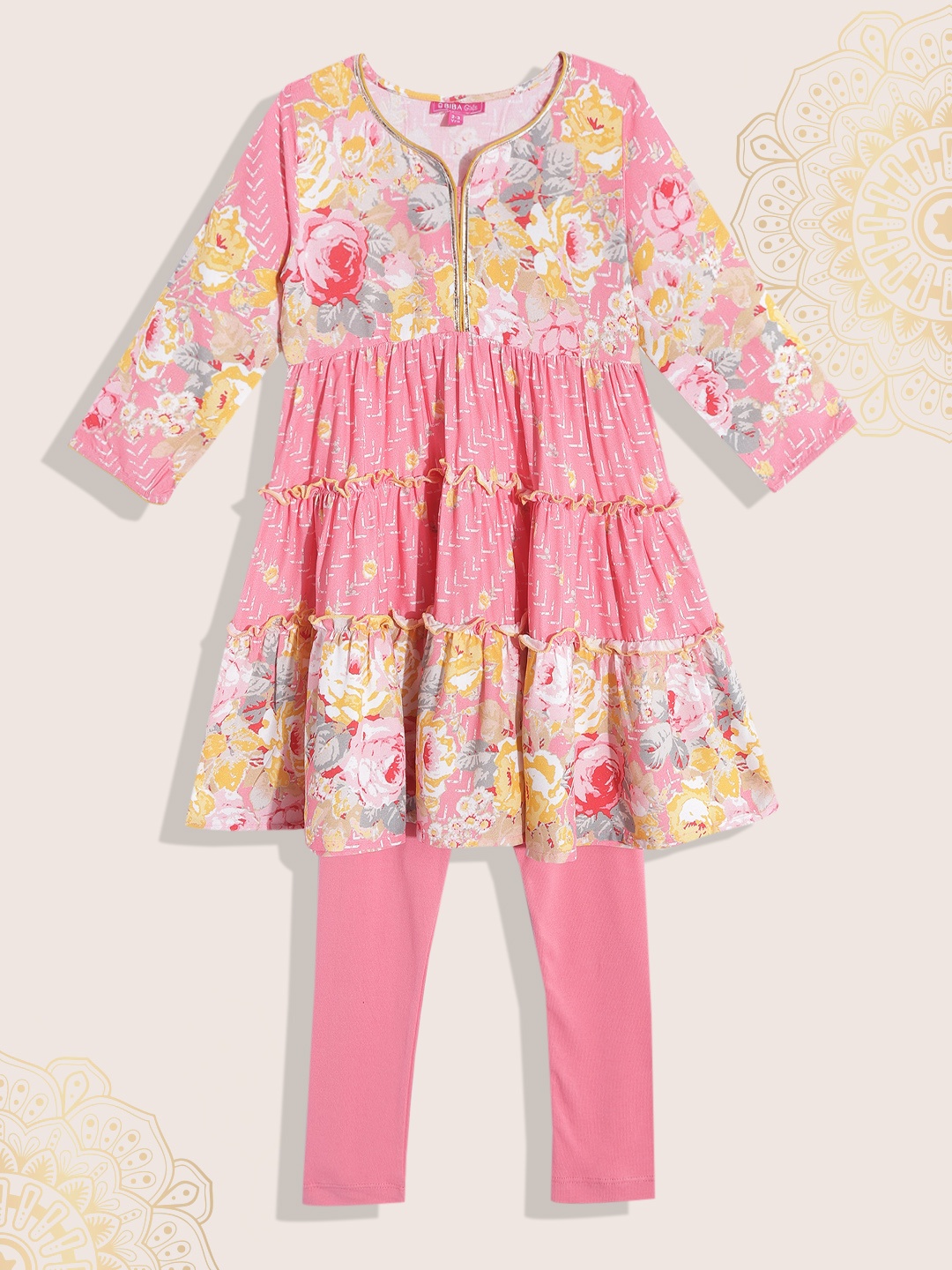

Biba Girls Pink & Yellow Floral Print Kurta with Leggings