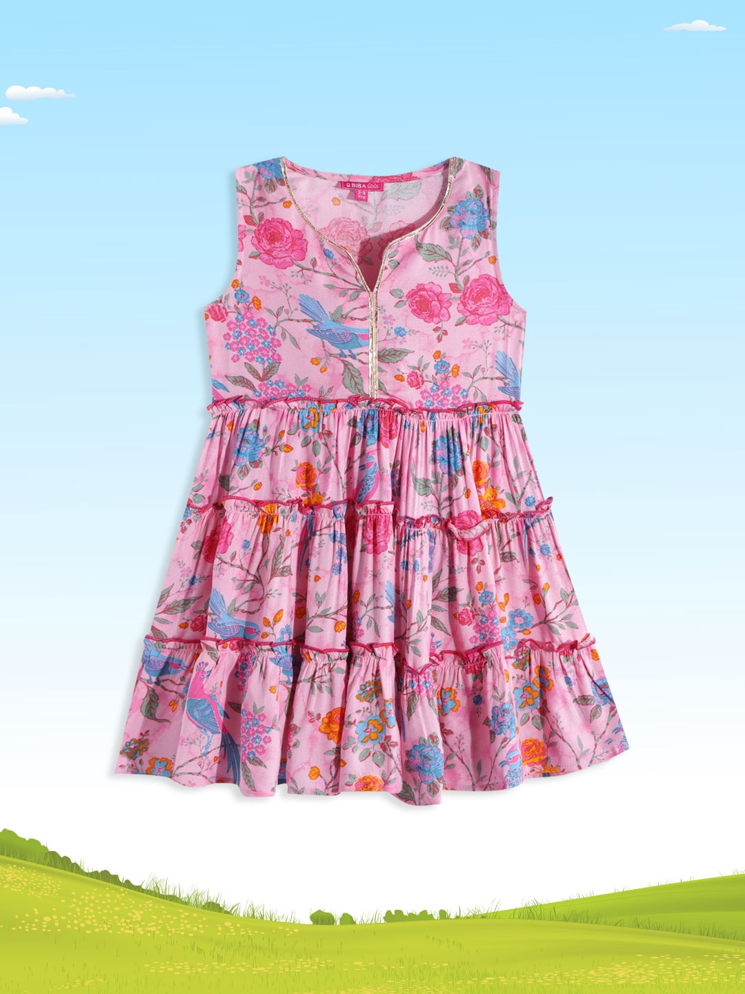 

Biba Girls Pink & Blue Floral Printed Tiered Anarkali Kurta