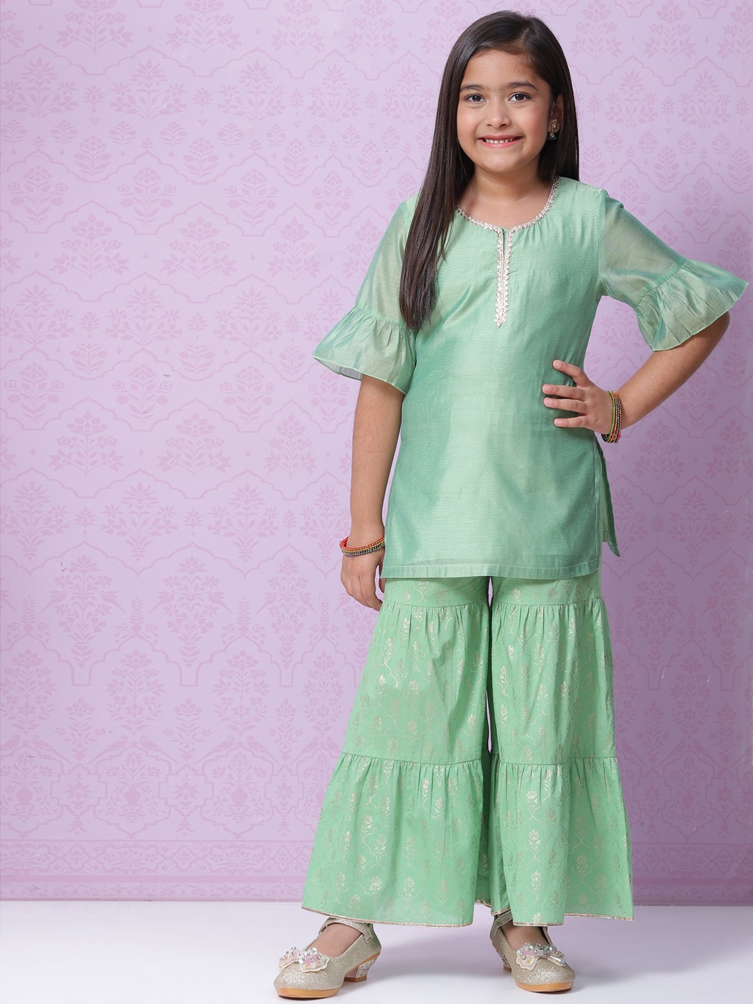 

Biba Girls Green Ethnic Motifs Kurta with Sharara