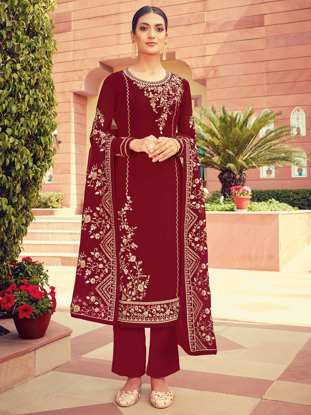 

Shaily Maroon & Gold-Toned Embroidered Silk Georgette Unstitched Dress Material