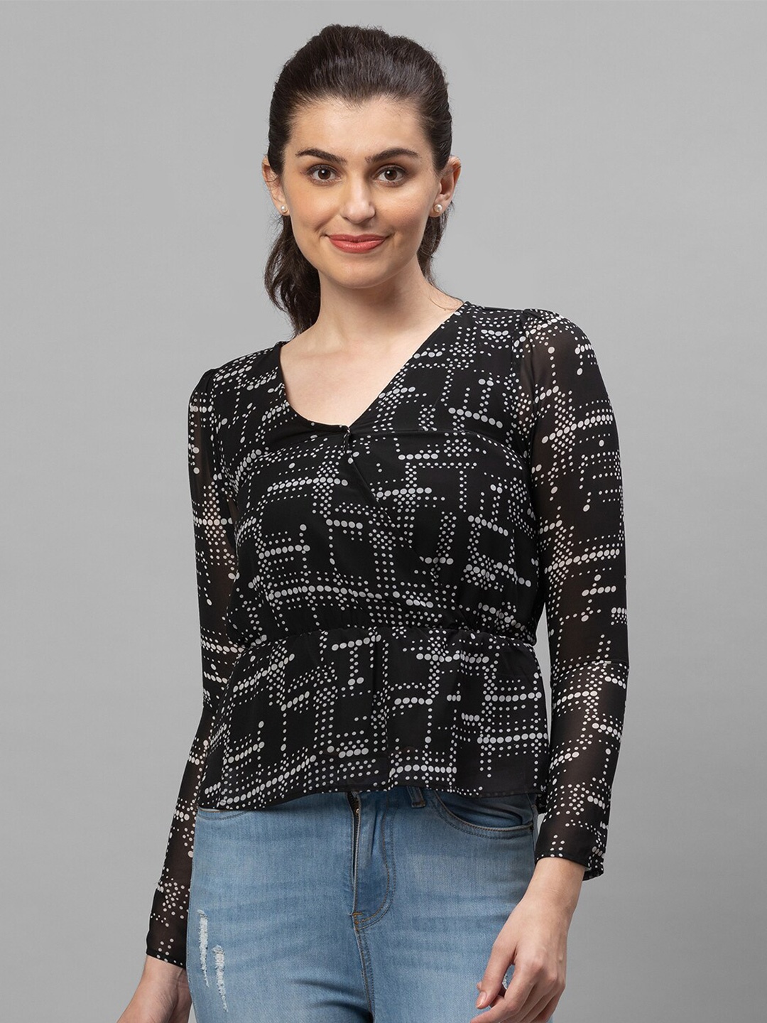 

Globus Black Geometric Print Georgette Top