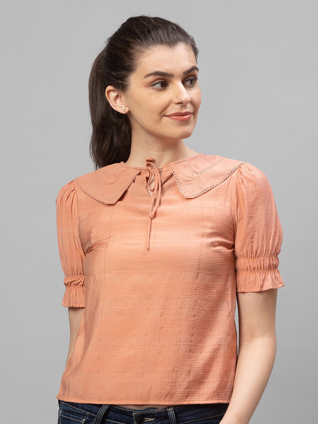 

Globus Peach-Coloured Tie-Up Neck Top