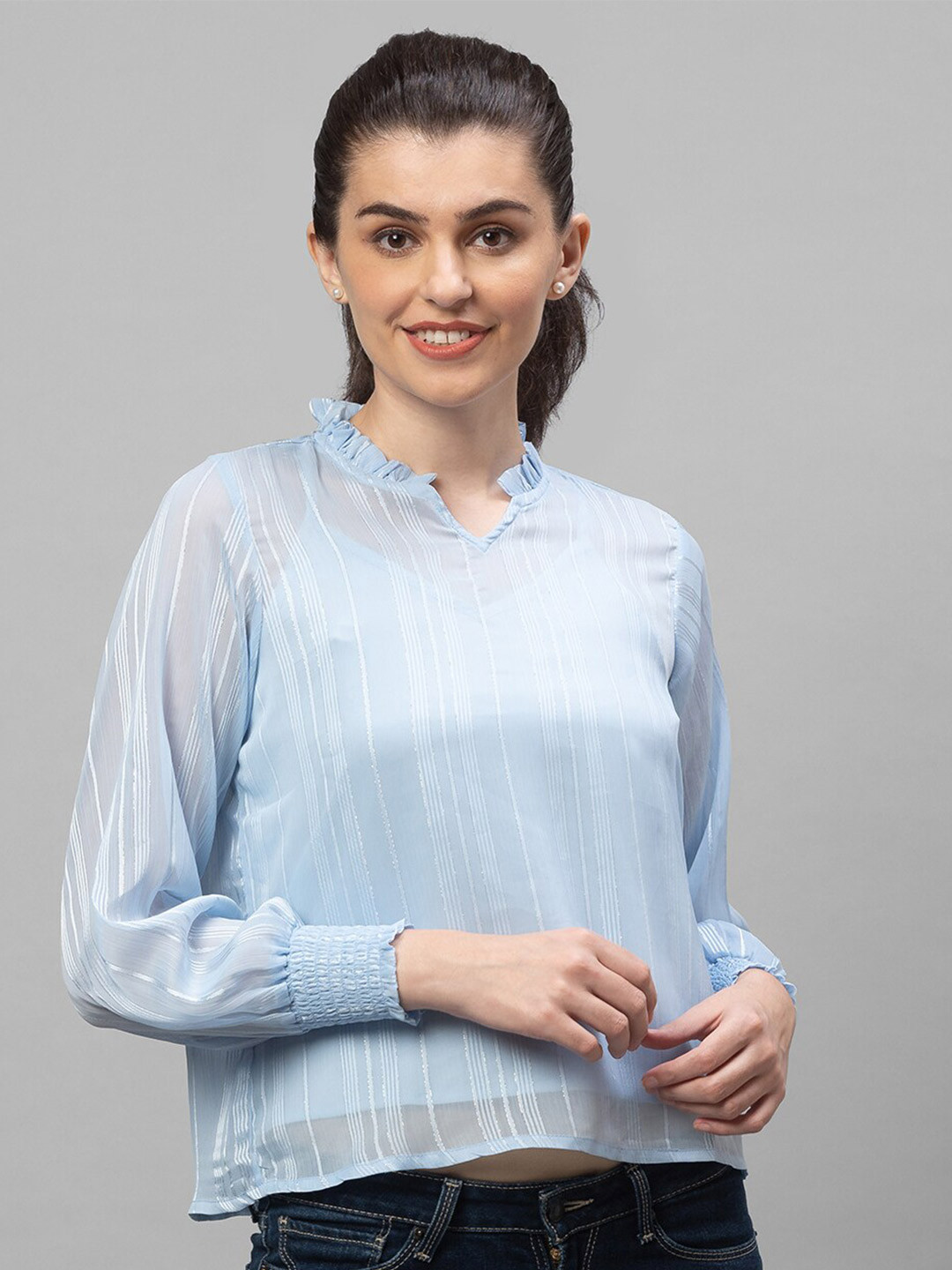 

Globus Blue Striped Mandarin Collar Georgette Top