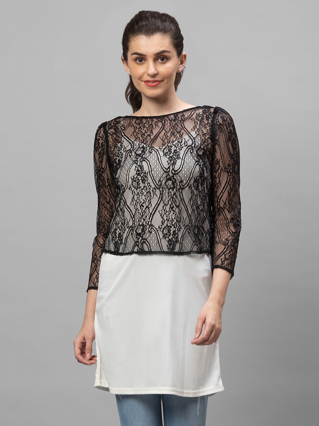 

Globus Women Black Self Design Lace Crop Top