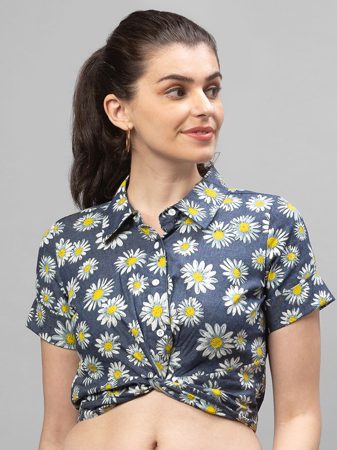 

Globus Women Blue & White Floral Print Twisted Denim Shirt Style Cotton Crop Top