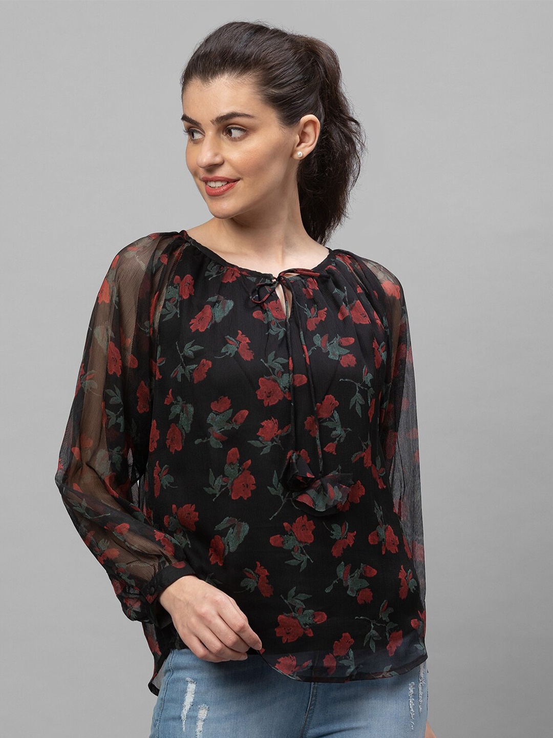 

Globus Women Black & Red Floral Print Tie-Up Neck Georgette Top