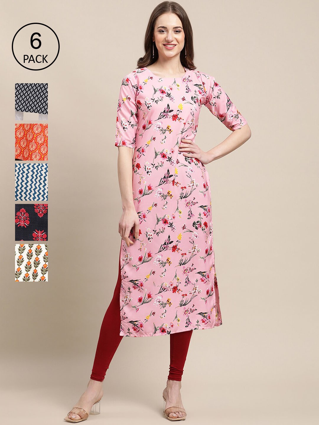 

7Threads Women PACK OF 6 Pink & Black Geometric Printed Crepe Kurta