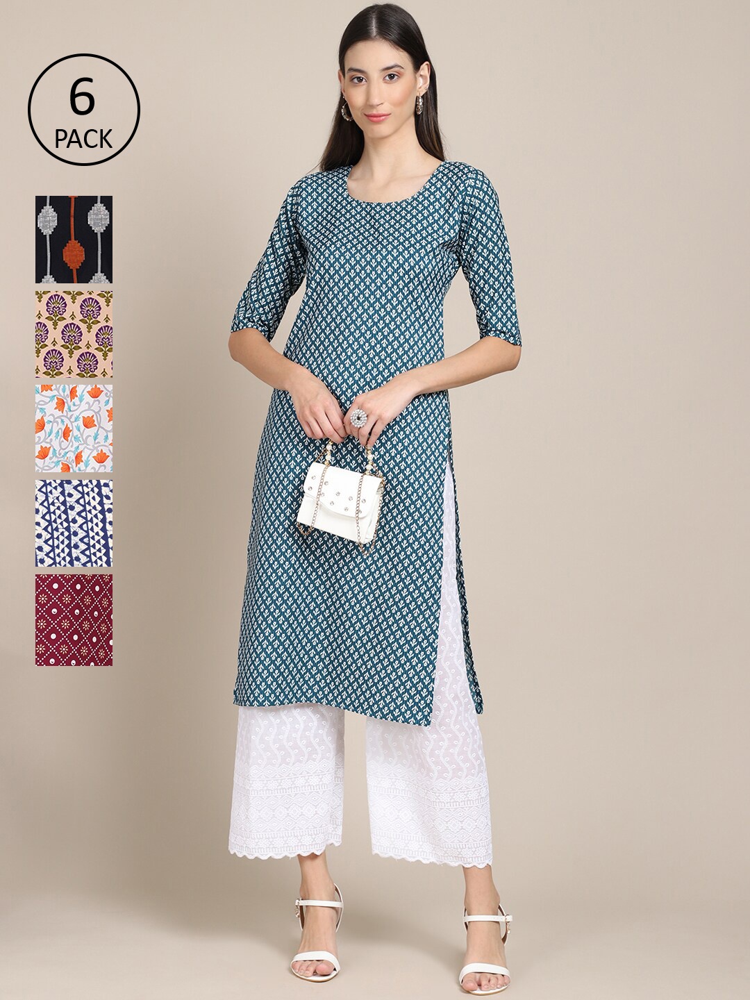 

7Threads Women PACK OF 6 Blue & White Geometric Striped Crepe Kurta