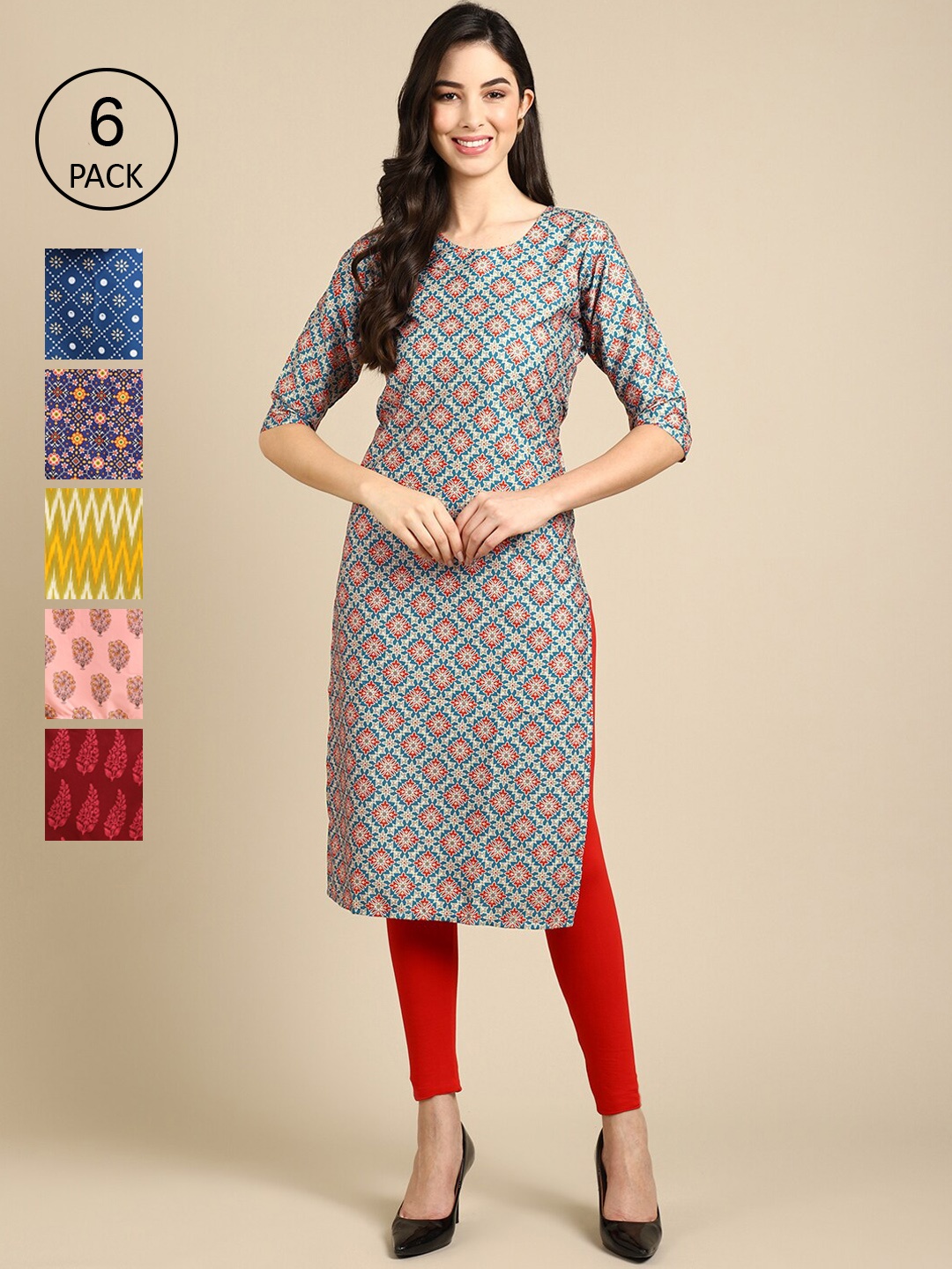 

7Threads Women PACK OF 6 Blue & Peach-Coloured Geometric Crepe Kurta