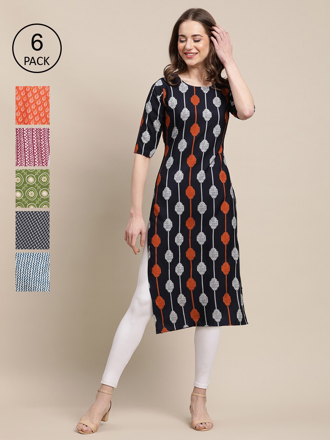 

7Threads Women Pack of 6 Geometric Printed Summer Sheers Crepe Kurta, Multi