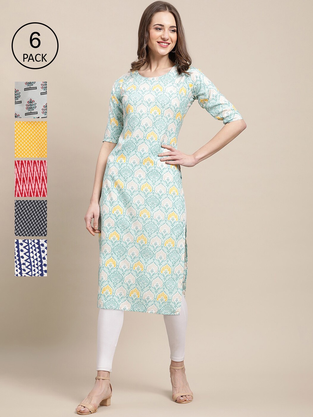 

7Threads Women Pack of 6 Geometric Printed Summer Sheers Crepe Kurta, Black