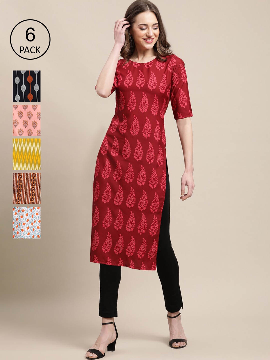 

7Threads Women Pack of 6 Ethnic Floral Printed Summer Sheers Crepe Kurta, Red